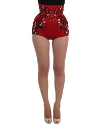 Dolce & Gabbana Silk Crystal Roses Shorts - Red