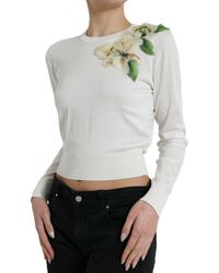 Dolce & Gabbana - White Floral Silk Crew Neck Pullover Sweater - Lyst