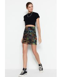 Trendyol - Brauner Bedruckter Tüll-Mini-Strickrock Mit Hoher Taille Und Futter Für Damen - Lyst
