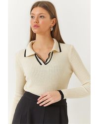 Bianco Lucci - Polokragen, Gerippt, Gestreift, Detaillierte Saisonale Langarm-Strickbluse Für Damen - Lyst