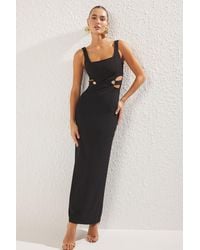 Trendyol - Schwarzes, Detailliertes, Gewebtes, Langes, Stilvolles Abendkleid Mit Accessoires, Nachtkleid Für Damen - Lyst