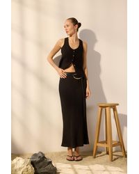 Trendyol - Schwarzer Midirock Aus 100 Leinen Mit Elastischem Bund Und Hoher Taille Für Damen - Lyst