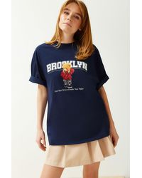 Trendyol - Marineblaues Oversize-Strick-T-Shirt Mit Teddybär-Aufdruck – 100 Baumwolle, Rundhalsausschnitt – Für Damen - Lyst