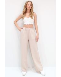 Trend Alaçatı Stili - Beigefarbene Hose Aus Leinen Mit Weitem Bein Und Doppelter Tasche Und Elastischem Bund Für Damen - Lyst