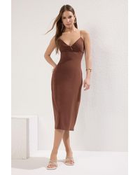Trendyol - Braunes, Dehnbares Strickkleid Mit Gerader Schleife Und Midi-Trägern Für Damen - Lyst