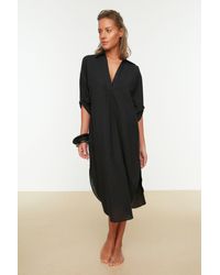 Trendyol - Schwarzes Midi-Strandkleid Mit Gewebtem Schlitz Für Damen - Lyst