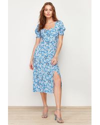 Trendyol - Blaues A-Linien-Midikleid Aus Gewebter Viskose Mit Blumenmuster Für Damen - Lyst