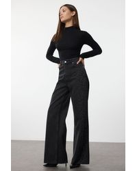 Trendyol - Schwarze Strass-Jeans Mit Hoher Taille Und Weitem Bein Für Damen - Lyst