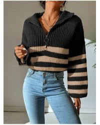 Know - Nerzfarbener, Gestreifter, Schwarzer Strickpullover – Halber Reißverschluss, Schulterfrei Für Damen - Lyst