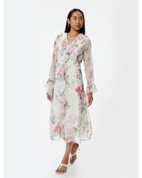Koton - Midikleid aus chiffon mit v-ausschnitt und blumenmuster – lange rüschenärmel - Lyst
