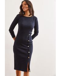 Olalook - Marineblaues, Dehnbares Midi-Kleid Mit Knopfdetail Und Schlitz Elb- 19002256 Für Damen - Lyst
