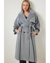 My Blog - Langer Herringbone-Mantel Aus Grauem Leder Mit Streifen Und Gürtel – 43886 Für Damen - Lyst