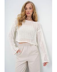 Trend Alaçatı Stili - Weiße Strickbluse Mit U-Boot-Ausschnitt Und Durchbrochenem Strick Für Den Sommer Für Damen - Lyst
