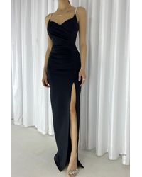 Deafox - Schwarzes Abendkleid Mit Schlitz Und Trägern Aus Scuba-Stoff Mit Steindetail Für Damen - Lyst