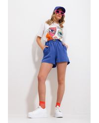 Trend Alaçatı Stili - Saks shorts aus gewebtem leinen mit zwei taschen und elastischer taille alc-x11715 - Lyst