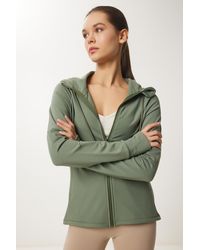 Happiness İstanbul - Khakifarbenes, Detailliertes, Gestricktes Sweatshirt Mit Kapuze Und Reißverschluss Für Damen - Lyst