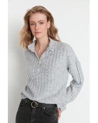 Trendyol - Grauer, Weich Strukturierter Strickpullover Mit Stehkragen Und Weiter Passform Für Damen - Lyst