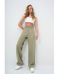 Trend Alaçatı Stili - Grüne Sommer-Gabardine-Hose Mit Hoher Taille Und 5 Taschen Und Weitem Bein Für Damen - Lyst