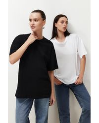 Trendyol - Weißes 2er-pack gestricktes t-shirt mit rundhalsausschnitt aus 100 % baumwolle in übergröße/weiter passform - Lyst