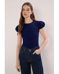 Trendyol - Marineblaue, Gewebte, Detaillierte Strickbluse Mit Ballonärmeln – Für Damen - Lyst