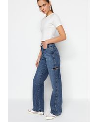 Trendyol - Dunkele zerrissene jeans mit hoher taille und weitem bein - Lyst