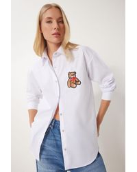 Happiness İstanbul - Weißes, Mit Teddybären Besticktes, Gewebtes Hemd Für Damen - Lyst