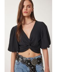 Happiness İstanbul - Schwarze Gewebte Bluse Mit Ballonärmeln Für Damen - Lyst