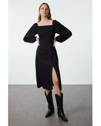 Trendyol - Schwarzes A-Linien-Midi-Kleid Aus Gewebtem Belmando-Stoff Mit Quadratischem Ausschnitt Und Ballonärmeln Für Damen - Lyst