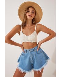 Happiness İstanbul - Blaue Jeans-Shorts Mit Hoher Taille Und Quasten Für Damen - Lyst