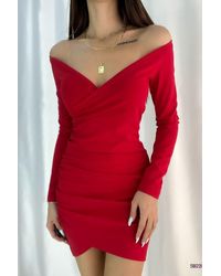 Deafox - Rotes Kleid Aus Importiertem Kreppstoff Mit Zweireihigem Kragen Und Langen Ärmeln Für Damen - Lyst