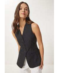 Happiness İstanbul - Schwarze, Gestreifte, Gewebte Weste Mit Fleto-Taschendetail Für Damen - Lyst