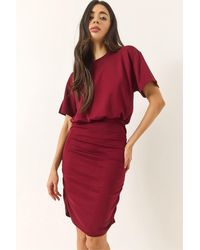 Bianco Lucci - Rundhalsausschnitt, Kurze Ärmel, Kordelzug, Detailliertes Modal-Basic-Stretch-Strickkleid Für Damen - Lyst