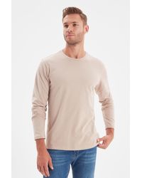 Trendyol - Stone Basic Regular/Normal Cut Rundhalsausschnitt Langarm-T-Shirt Aus 100 Baumwoll-Tok-Stoff Für Herren - Lyst