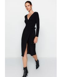 Trendyol - Schwarzes, Zweireihiges, Figurbetontes Midi-Strickkleid Mit Gürtel Und Kragen Für Damen - Lyst