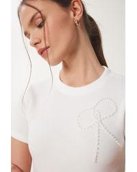 Happiness İstanbul - T-Shirt Mit Knochenperlen Und Schleife, Gestrickt, Für Damen - Lyst