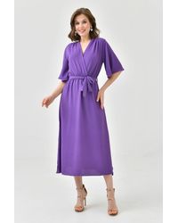 Lovebox - Aerobin-Stoff, Elastischer Taillengürtel, Detaillierte Fledermausärmel, 130 Cm, Midi, Zweireihiger Kragen, Kleid 097 Für Damen - Lyst