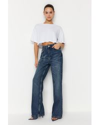 Trendyol - E, nachhaltigere, zerrissene jeans mit hoher taille und weitem bein - Lyst