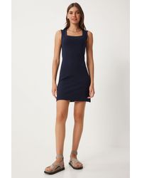Happiness İstanbul - Marineblaues Strickkleid Mit Quadratischem Kragen Und Dicken Trägern Für Damen - Lyst