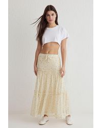 Trendyol - Hellgelber, Floral Bedruckter, Dehnbarer Rock Aus Tüll Mit Kordelzug/Drape-Detail Für Damen - Lyst