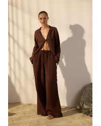 Trendyol - Braune Hose Aus 100 Leinen Mit Elastischem Bund Und Hoher Taille Für Damen - Lyst
