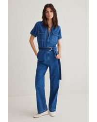 Trendyol - Blauer, Kurzärmliger Denim-Overall Mit Taschendetail Und Gürtel Für Damen - Lyst