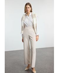 Trendyol - Beigefarbene, Gewebte Hose Mit Hoher Taille Und Weitem Bein – Für Damen - Lyst