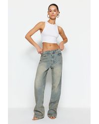 Trendyol - Blaue, Blass Wirkende Vintage-Jeans Mit Niedriger Taille Und Weitem Bein Für Damen - Lyst