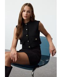 Trendyol - Schwarze Tweed-Crop-Weste – Reguläre Passform Für Damen - Lyst