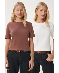 Happiness İstanbul - Weißes 2-Teiliges Basic-Strick-T-Shirt Aus Baumwolle Für Damen - Lyst