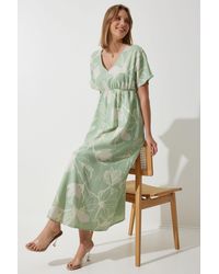 Happiness İstanbul - Grünes Sommerkleid Aus Rohleinen Mit Tropischem Muster Für Damen - Lyst