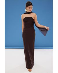 Trendyol - Braunes Maxi-Abendkleid Aus Tüll Mit Schal Und Gestricktem Abschlussballkleid Für Damen - Lyst