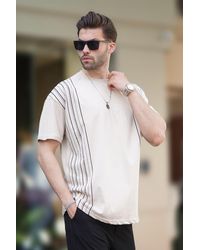 Madmext - Beiges Overfit-T-Shirt Aus Baumwolle – Rundhalsausschnitt, Graue Farbdetails Für Herren - Lyst