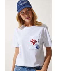 Happiness İstanbul - Weißes Besticktes Strick-T-Shirt Mit Rundhalsausschnitt Für Damen - Lyst