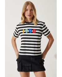 Happiness İstanbul - Weiß Bedrucktes, Gestreiftes Strick-T-Shirt Für Damen - Lyst